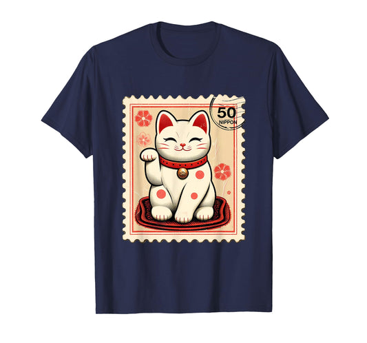 Maneki Neko Japanese Kawaii Lucky Cat Stamp Retro Aesthetic T-Shirt