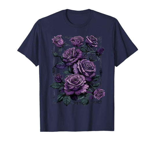 Vintage Purple Roses Flower Gothic Gardening Aesthetic Women T-Shirt
