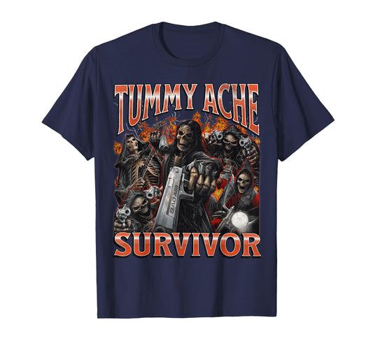 Tummy Ache Survivor Funny Hard Skeleton Meme Bootleg Graphic T-Shirt