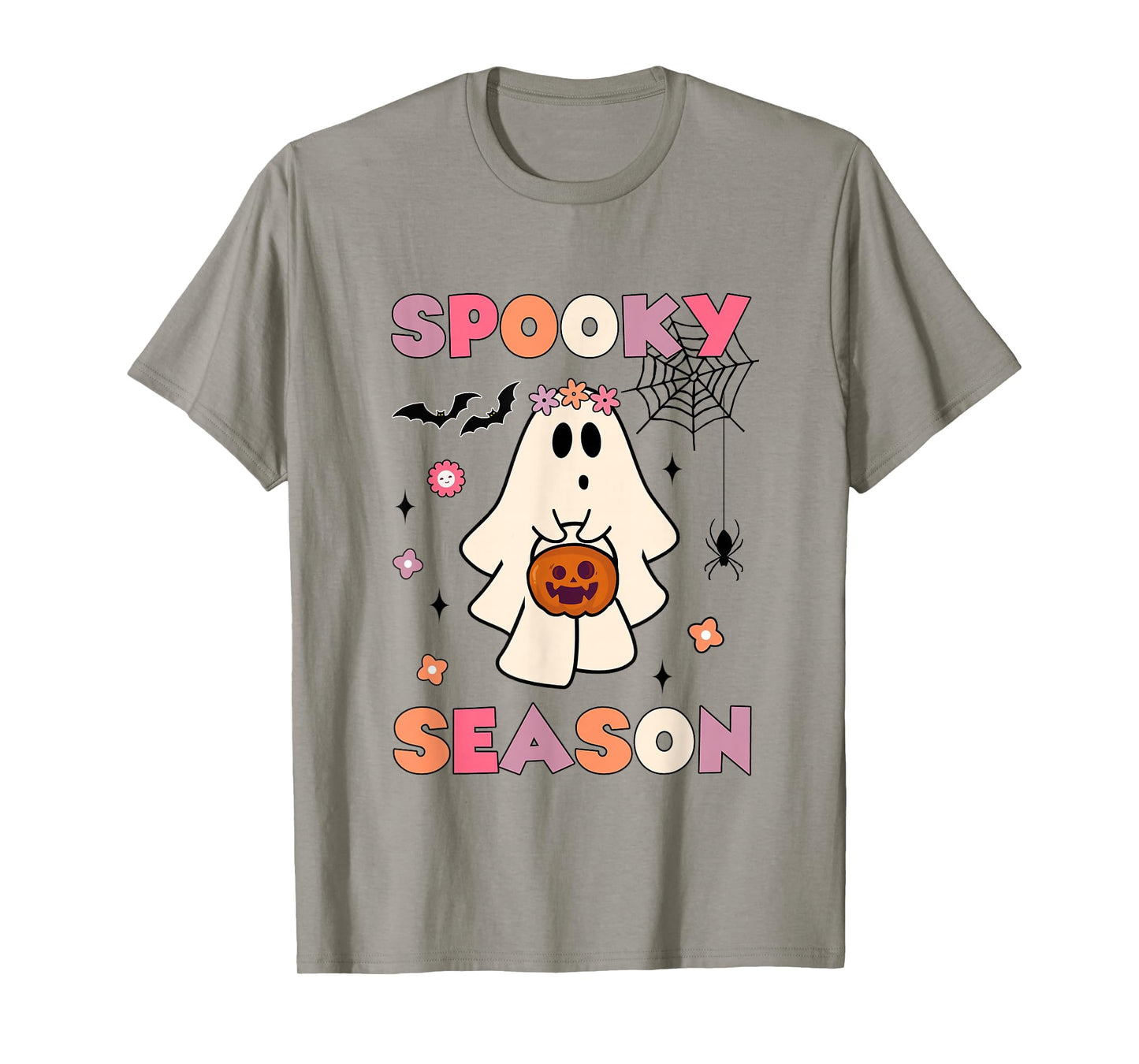 Funny Ghost Holding Pumpkin Halloween Groovy Spooky Season T-Shirt