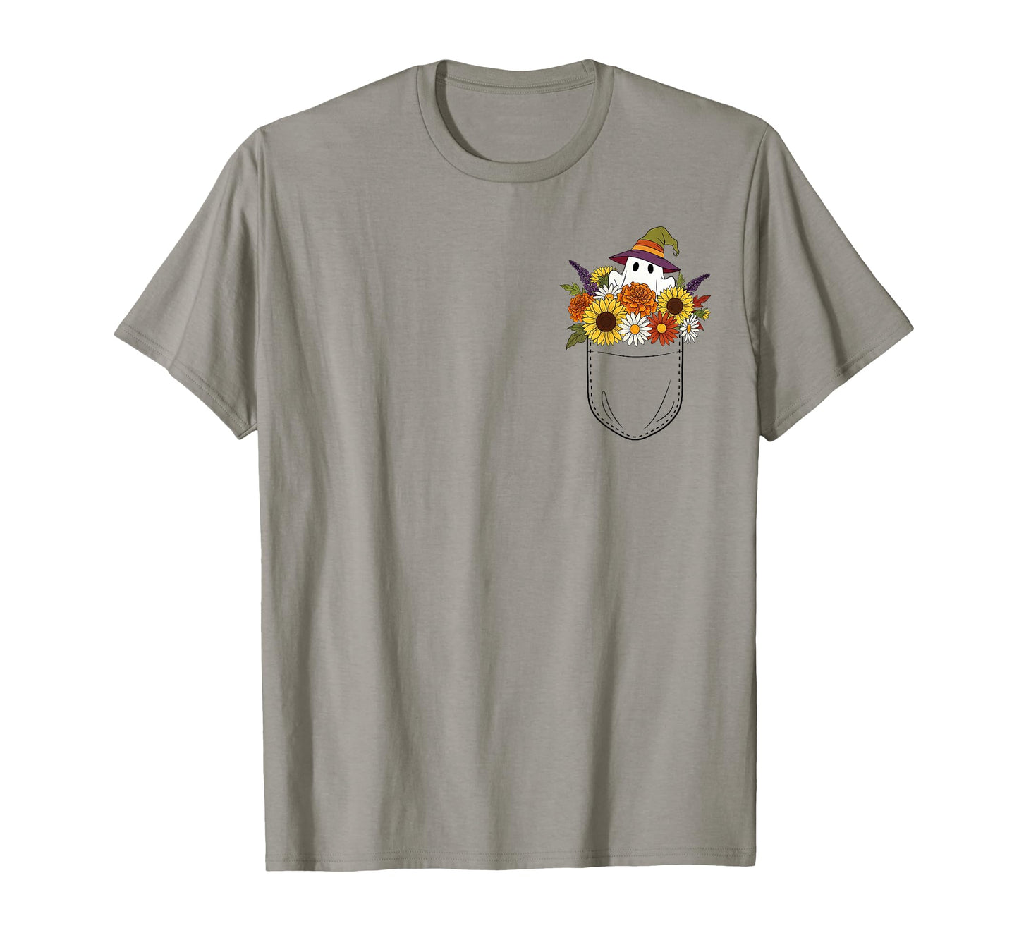 Cute Floral Pocket Ghost in Bouquet of Autumn Flowers T-Shirt