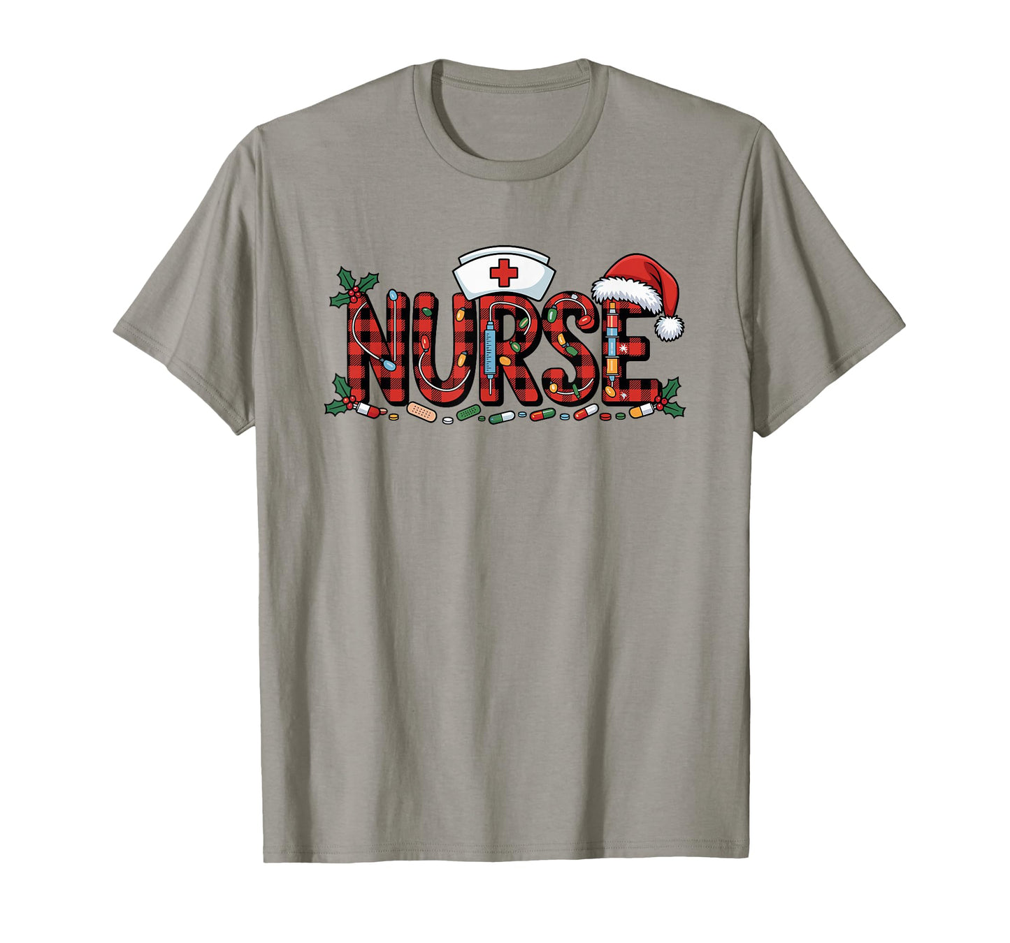 Christmas Nurse Buffalo Plaid Santa Hat Christmas Lights T-Shirt