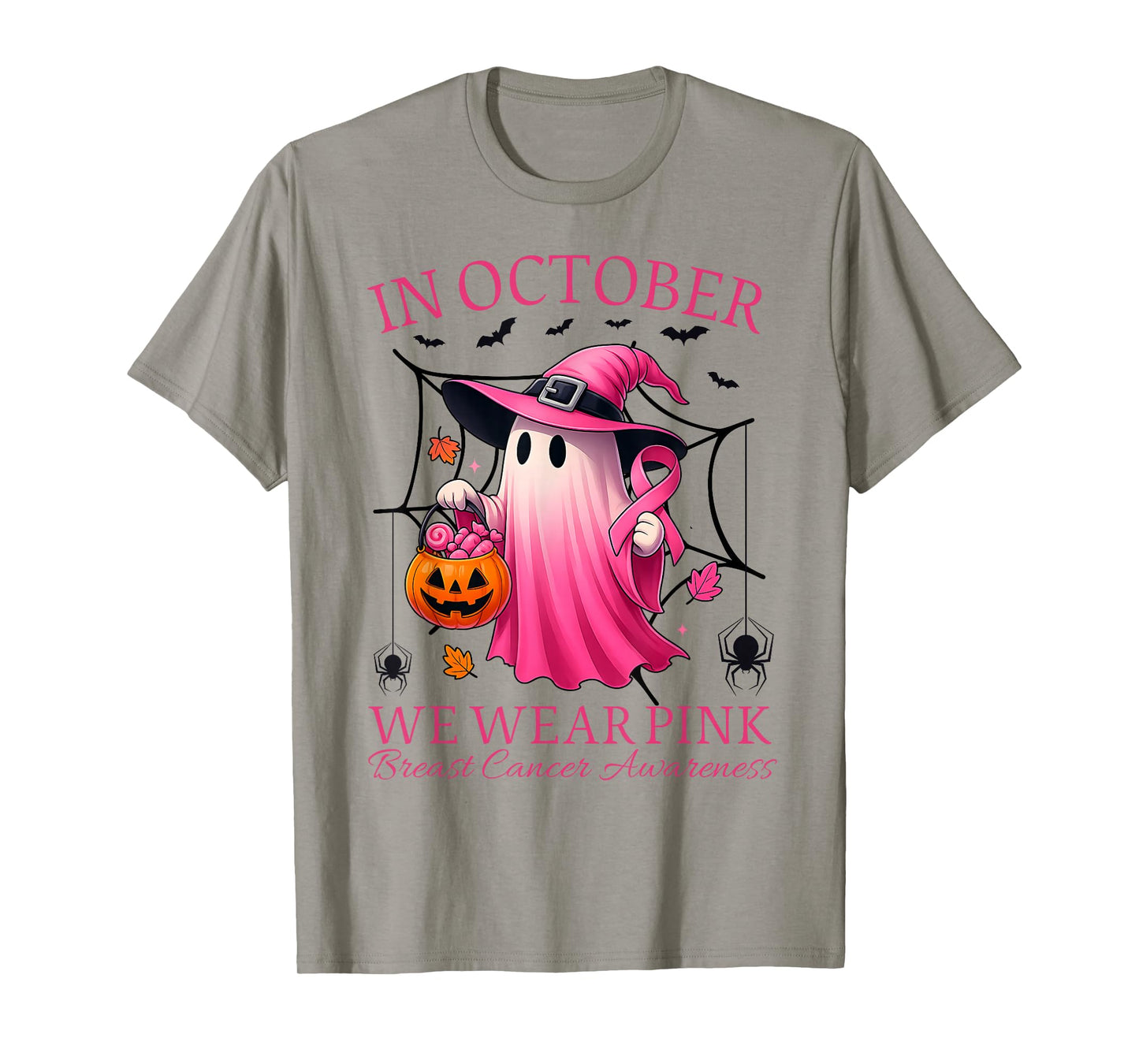 in October We Wear Pink Ghost Witch Breast Cancer Awareness T-Shirt