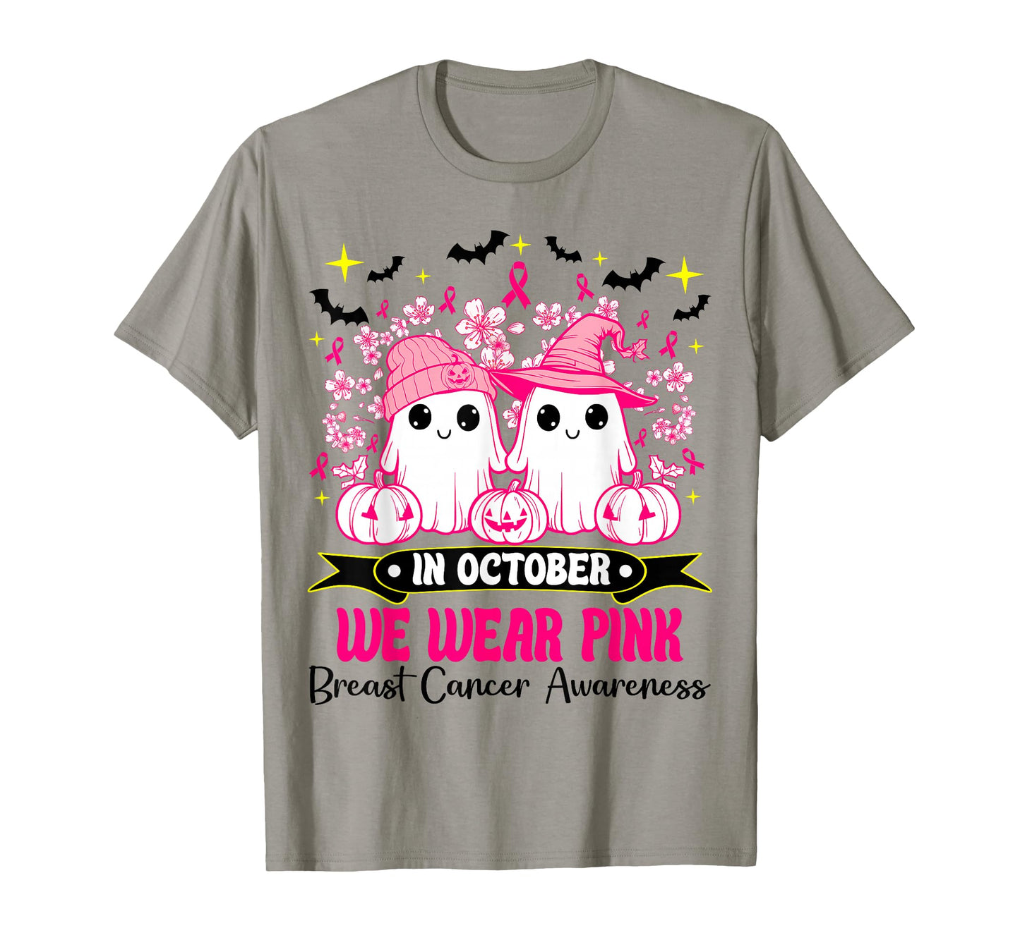 in October We Wear Pink Ghost Witch Breast Cancer Awareness T-Shirt