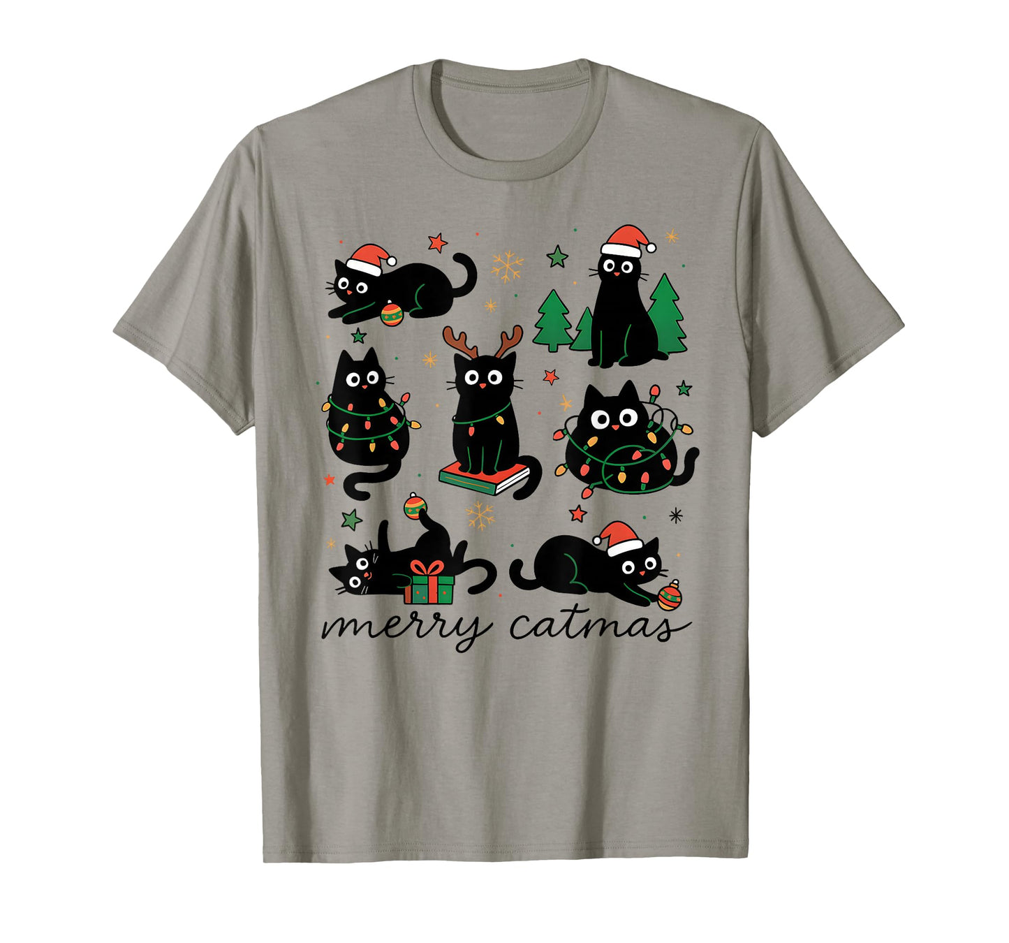 Cute Merry Catmas Cat Lover Christmas Light Pajama Santa Hat T-Shirt