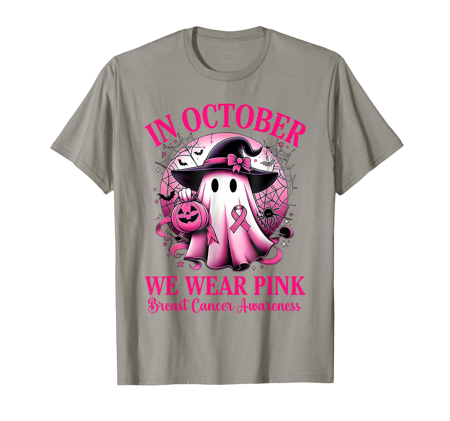 in October We Wear Pink Ghost Witch Breast Cancer Awareness T-Shirt