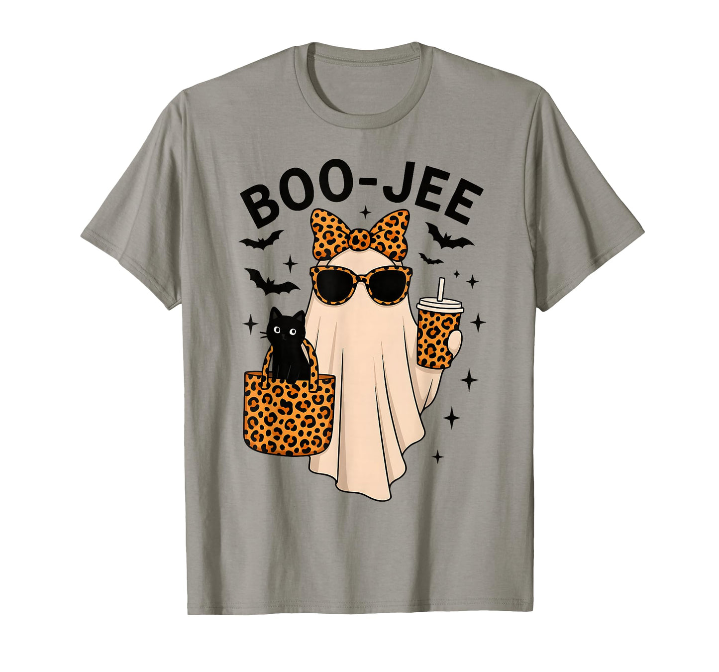 Coquette Leopard Ghost Coffee Boo-JEE Cute Cat Halloween T-Shirt