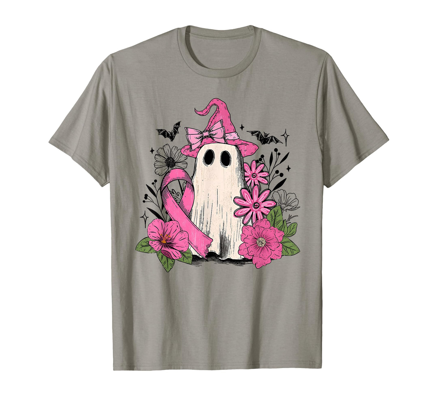 Pink Ribbon Floral Ghost Witch Breast Cancer Awareness T-Shirt