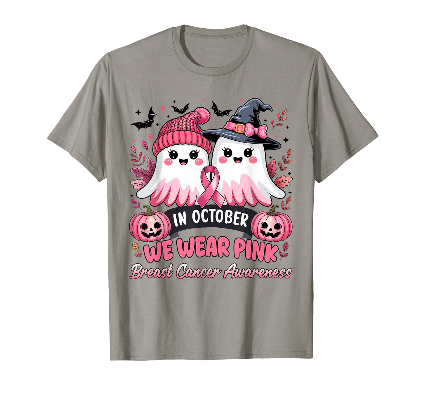 in October We Wear Pink Ghost Witch Breast Cancer Awareness T-Shirt