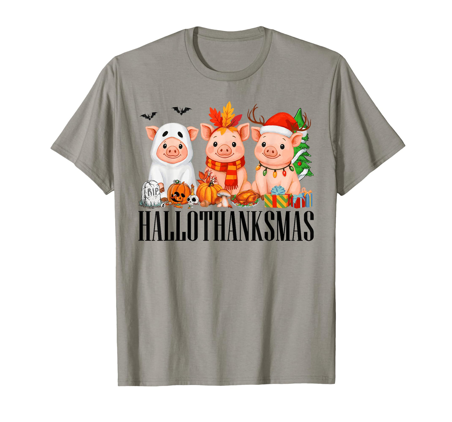 Happy Hallothanksmas Halloween Thanksgiving Christmas Pigs T-Shirt