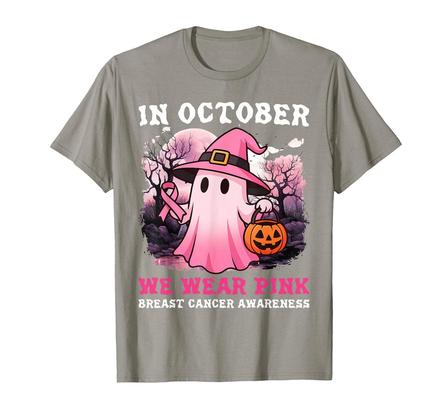 in October We Wear Pink Ghost Witch Breast Cancer Awareness T-Shirt