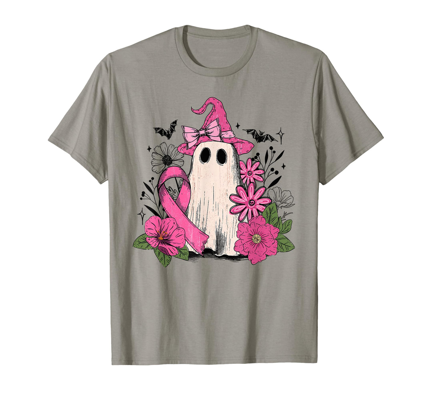 Retro Floral Pink Ghost Witch Breast Cancer Halloween Women T-Shirt