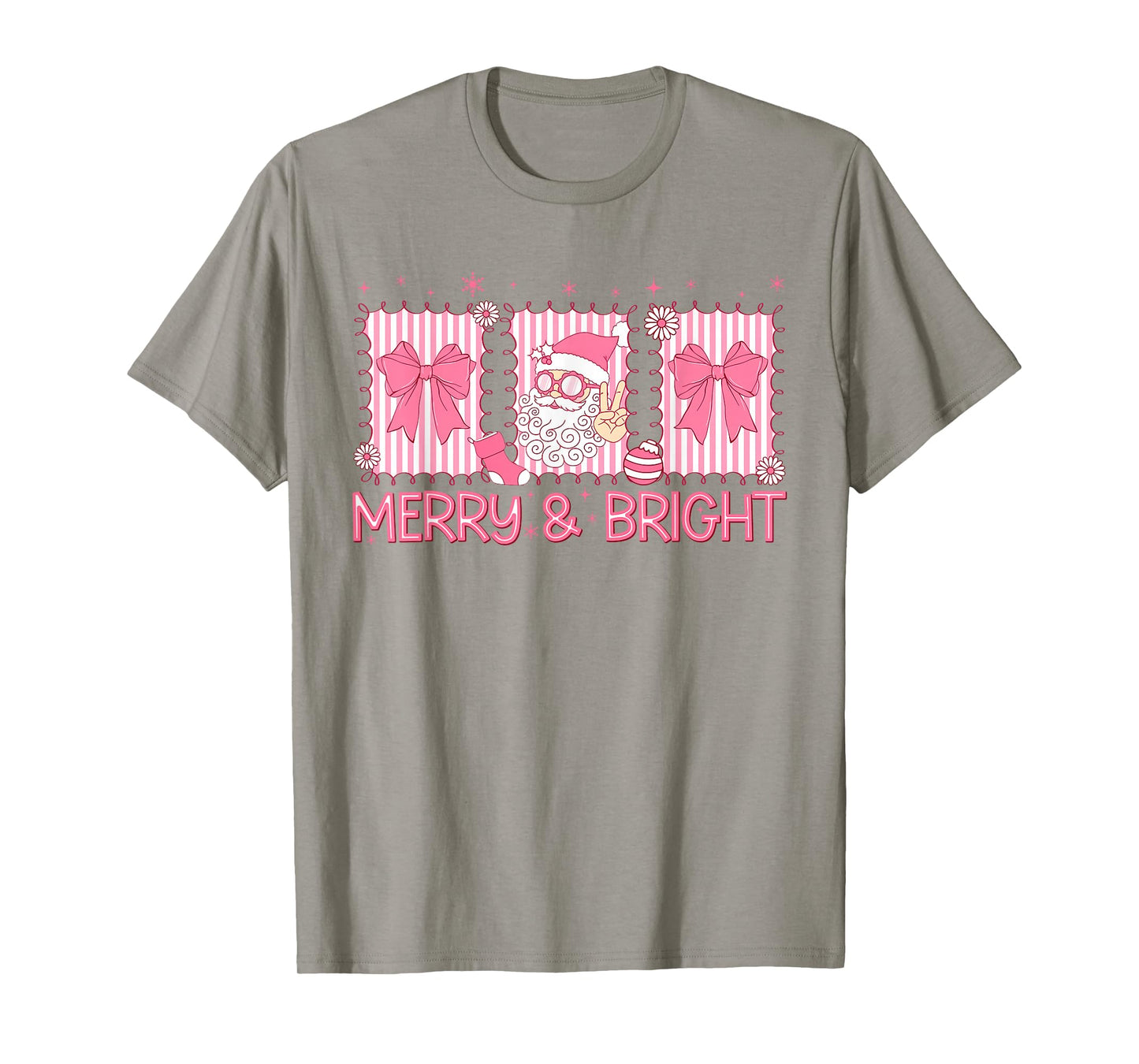 Merry and Bright Pink Coquette Santa Claus Bow Christmas T-Shirt