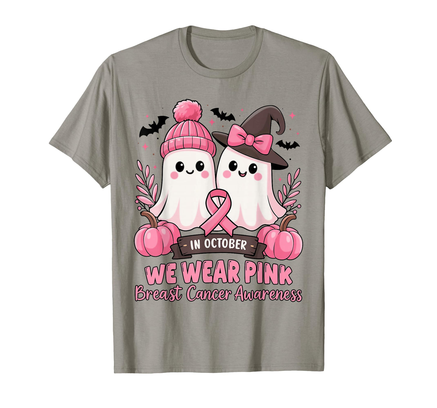 in October We Wear Pink Ghost Witch Breast Cancer Awareness T-Shirt