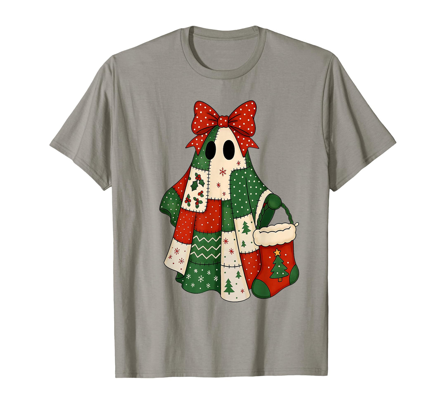 Retro Patchwork Christmas Ghost Coquette Bow X-mas Holiday T-Shirt