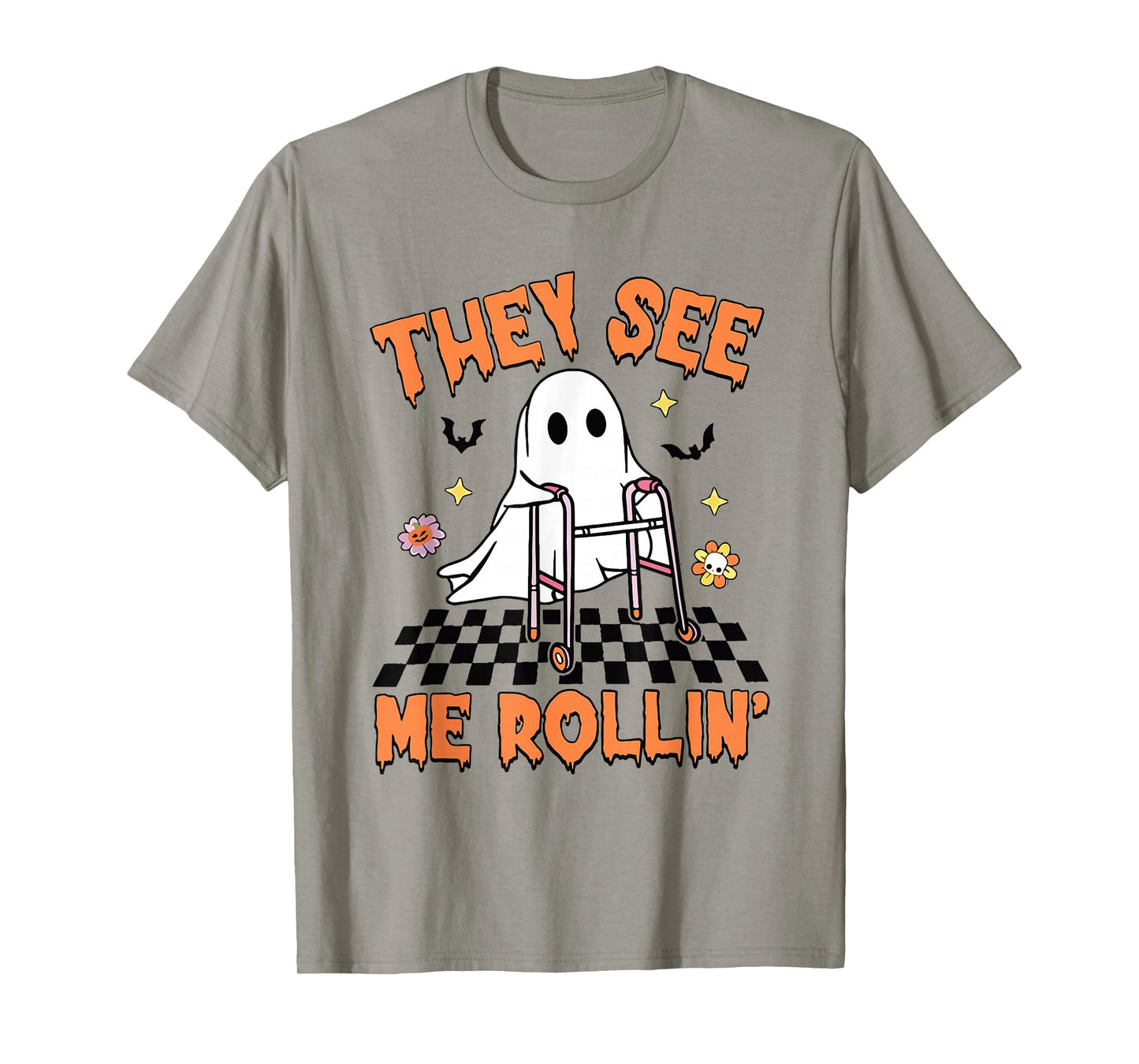 They See Me Rollin' Halloween Checkered Floral Ghost Therapy T-Shirt