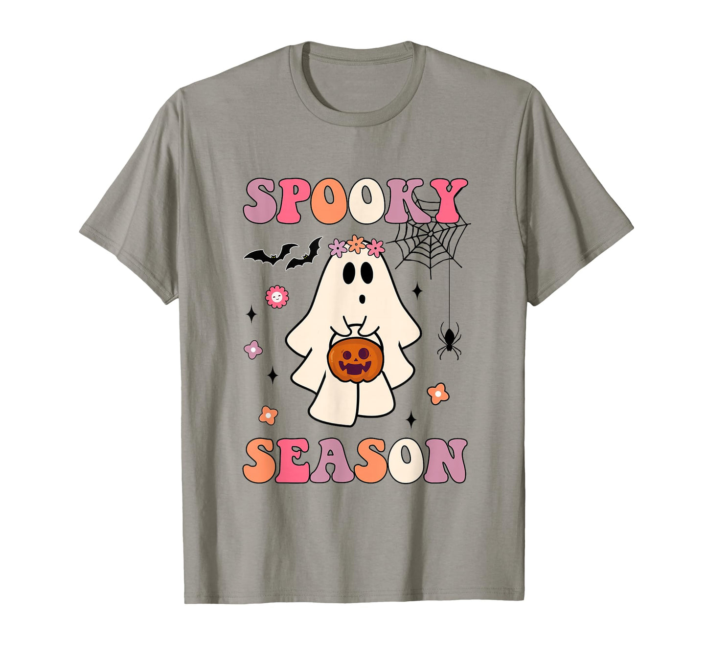 Groovy Halloween Ghost Holding Pumpkin Spooky Season Women T-Shirt