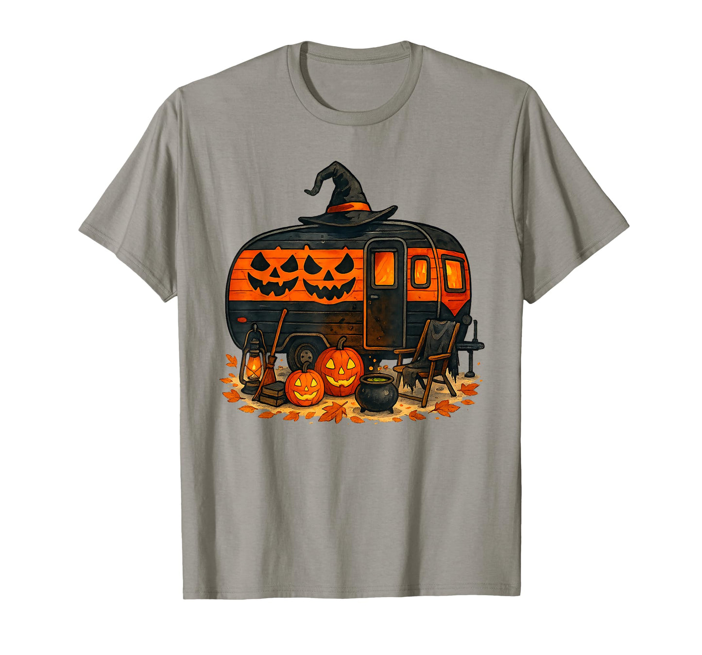 Vintage Spooky Halloween Camper with Pumpkins and Witch Hat T-Shirt