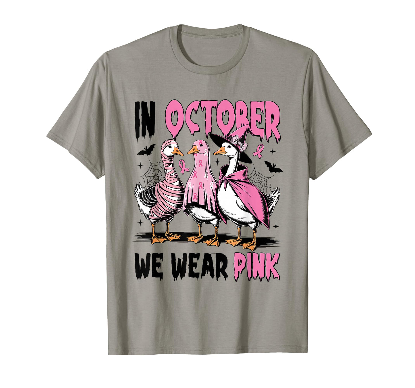 in October We Wear Pink Breast Cancer Halloween Silly Goose T-Shirt