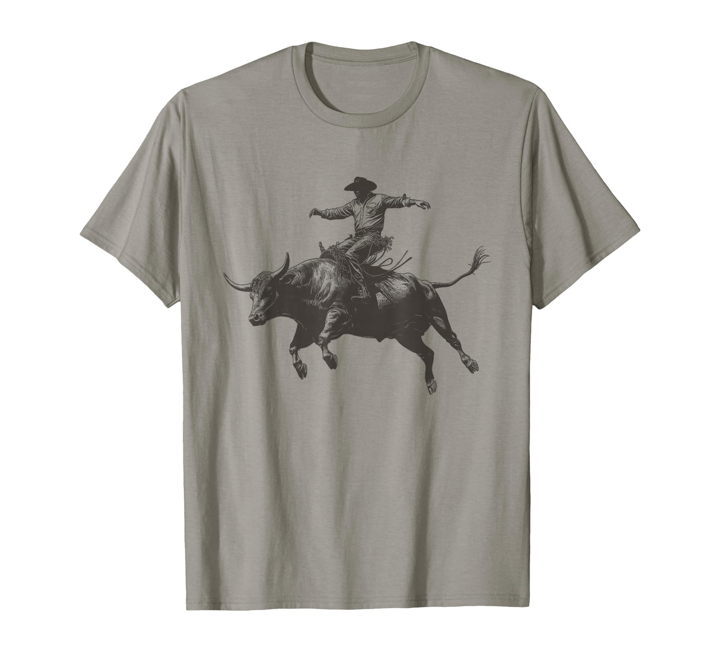 Vintage Cowboy Festival Country Music Concert Grey Cowboy Riding Bull T-Shirt - Unisex-Adults & Kids - Short Sleeve - Classic Fit - Crew Neck - Small