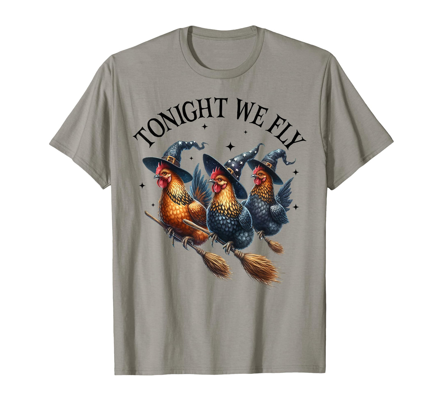 Tonight We Fly Witch Chickens on Brooms Funny Halloween Art T-Shirt