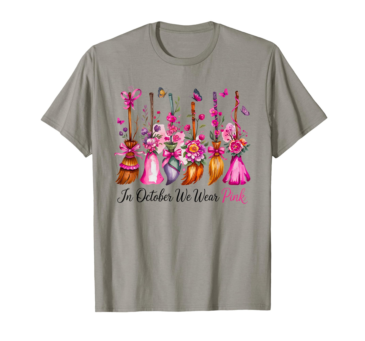 in October We Wear Pink Witch Broom Breast Cancer Awareness T-Shirt