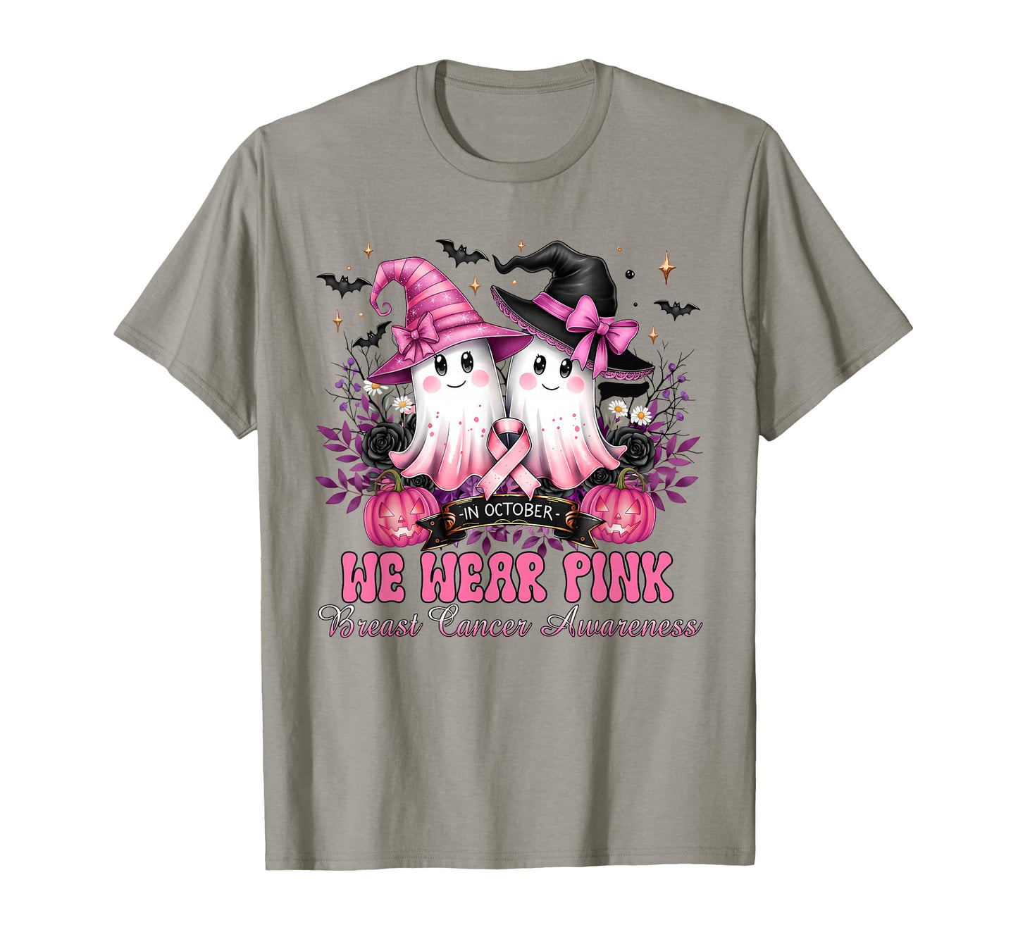 in October We Wear Pink Ghost Witch Breast Cancer Awareness T-Shirt