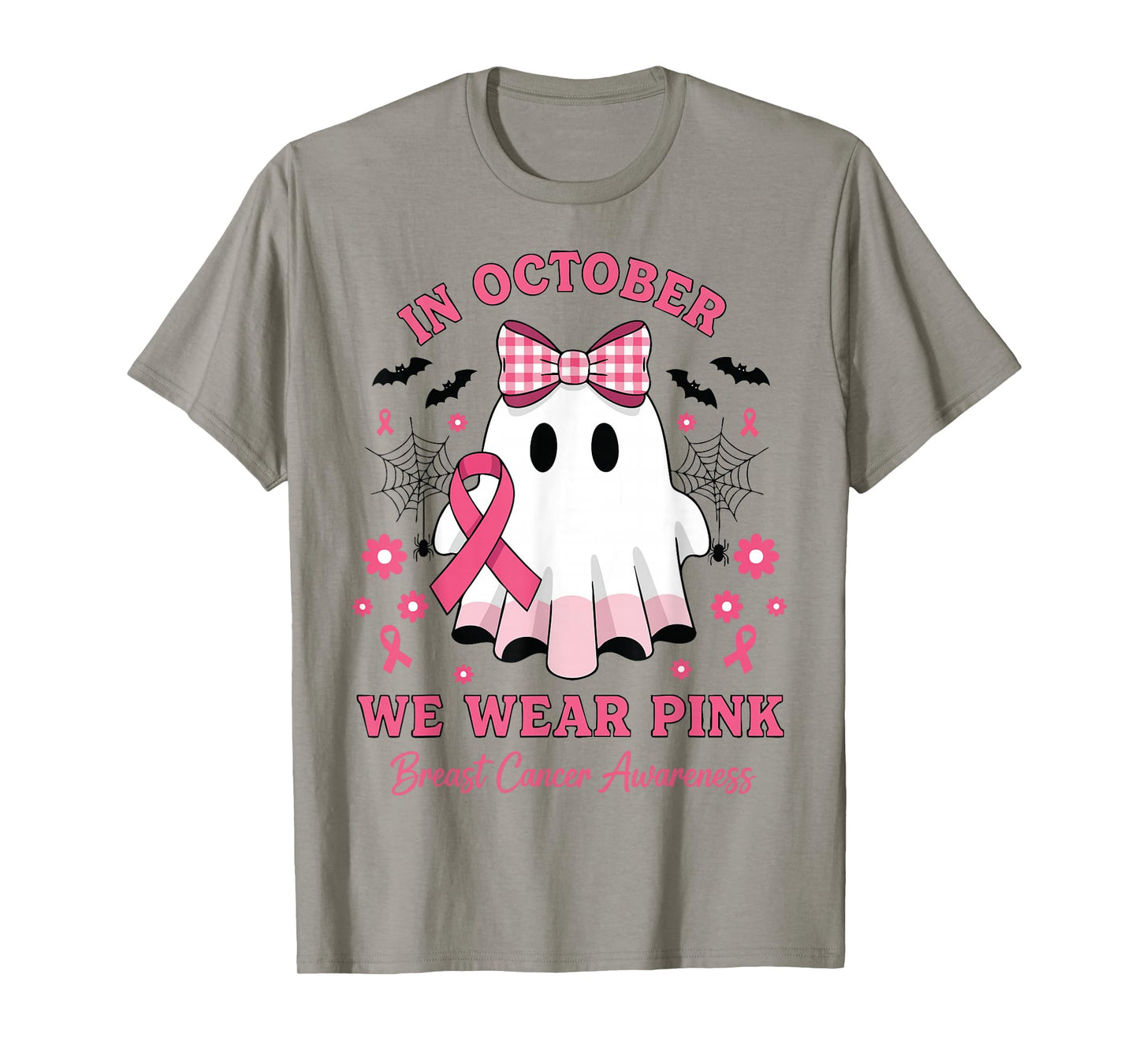in October We Wear Pink Ghost Witch Breast Cancer Awareness T-Shirt