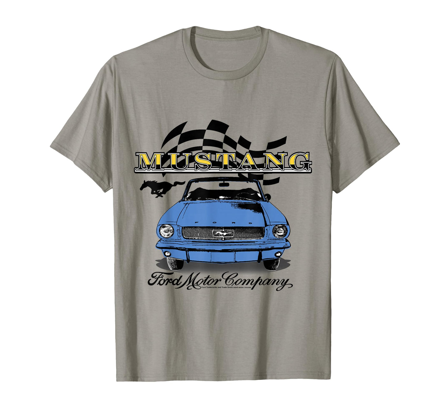Ford - Vintage Blue Mustang Convertible Car Checkered Flag T-Shirt