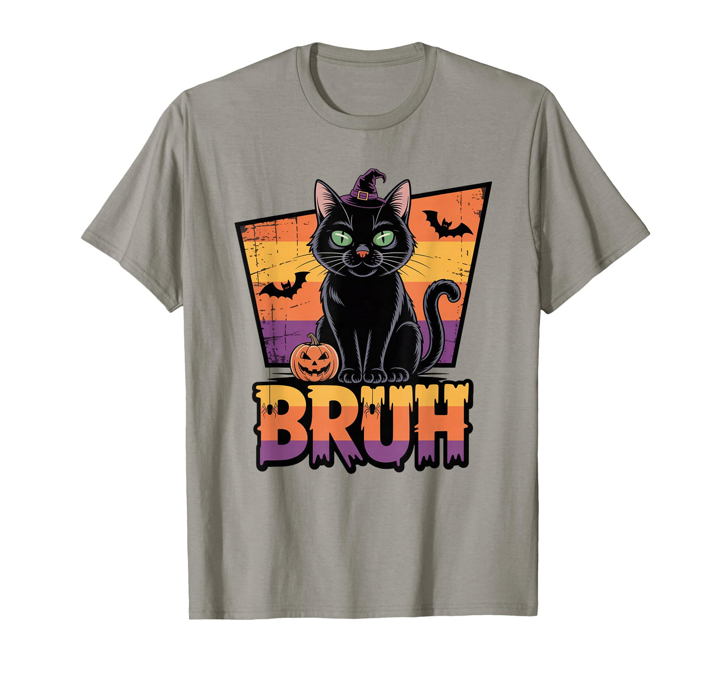 Bruh Black Cat Witch Hat Pumpkin Halloween Spooky Trend Tee T-Shirt