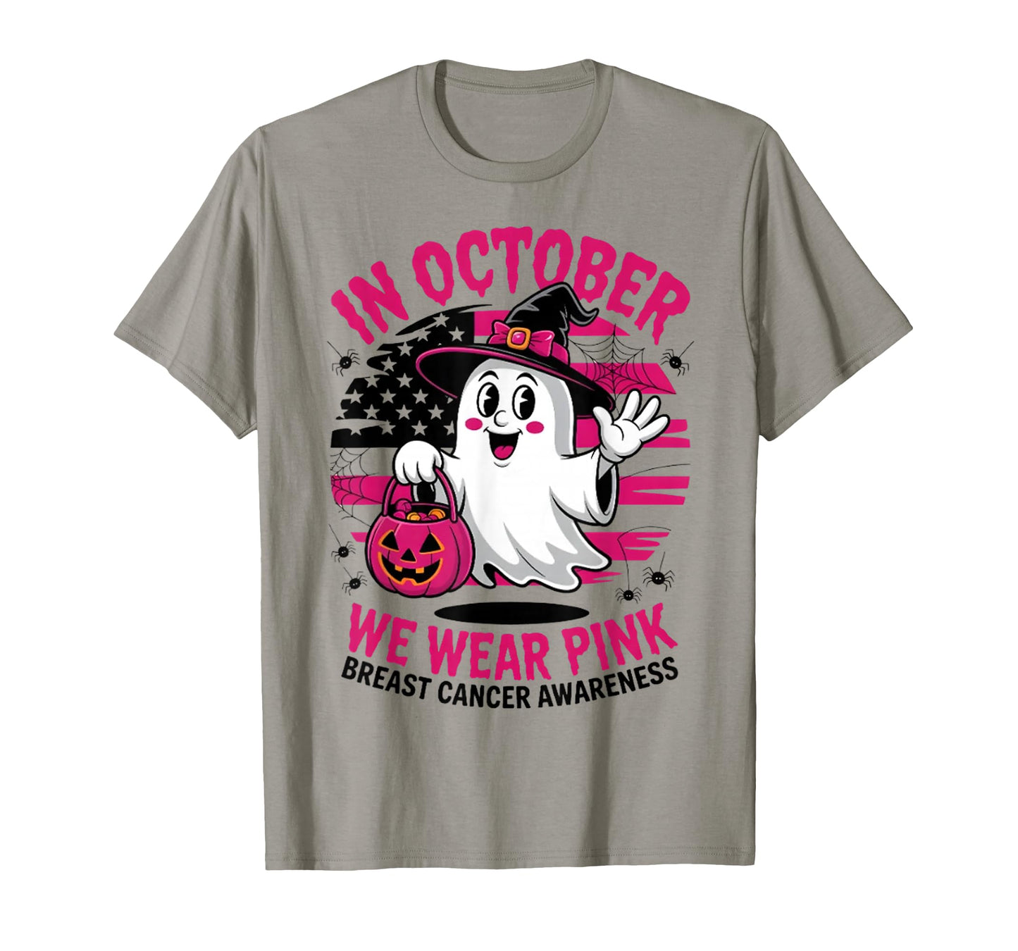 in October We Wear Pink Ghost Witch Breast Cancer Awareness T-Shirt