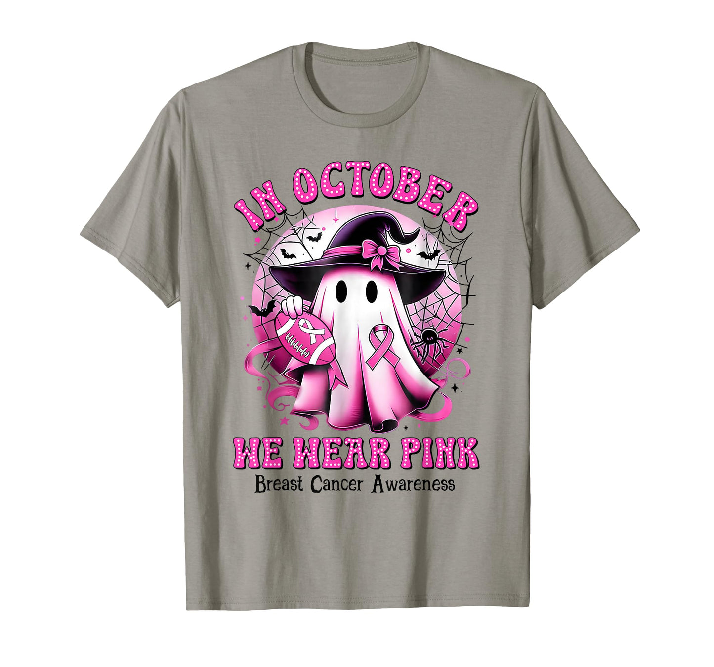 in October We Wear Pink Witch Ghost Breast Cancer Awareness T-Shirt