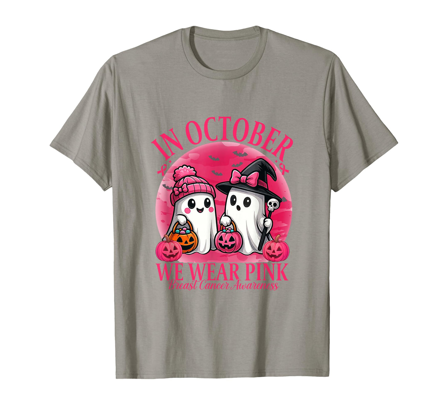 in October We Wear Pink Ghost Witch Breast Cancer Awareness T-Shirt