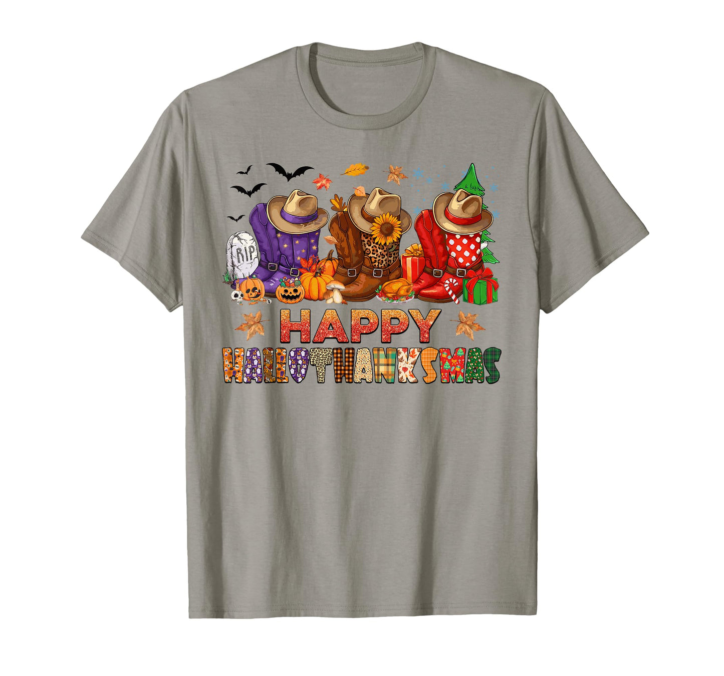 Happy Hallothanksmas Cowboy Boots Halloween Thanksgiving T-Shirt