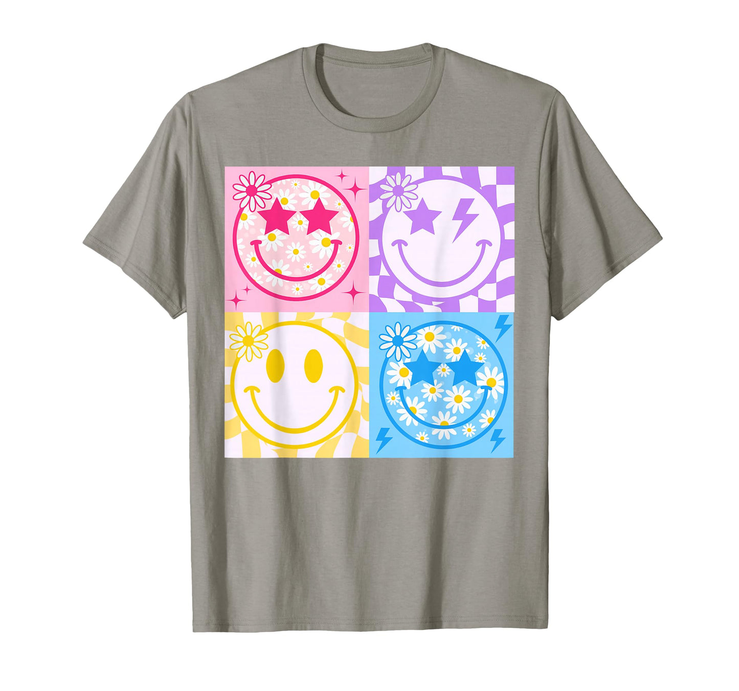 Happy Face Smile Checkered Pattern Retro Vibes Trendy Funny T-Shirt