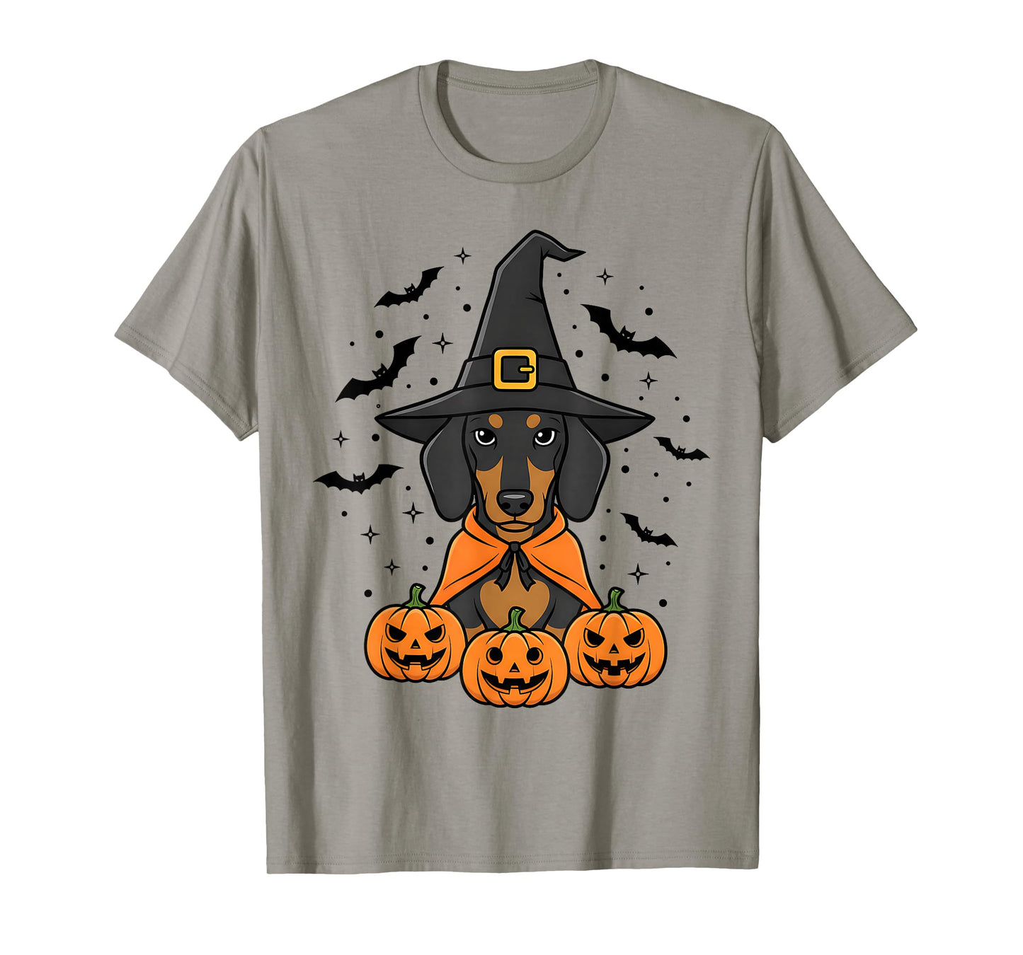 Halloween Dachshund Dog in Witch Hat with Pumpkins and Bats T-Shirt