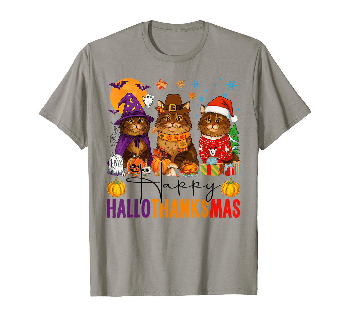 Happy Hallothanksmas Maine Coon Cats Halloween Thanksgiving T-Shirt