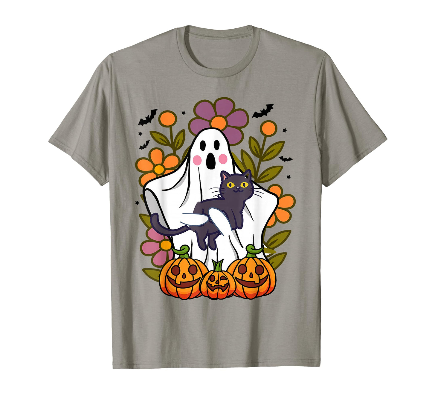 Funny Floral Ghost with Cat Vintage Pumpkin Fall Halloween T-Shirt