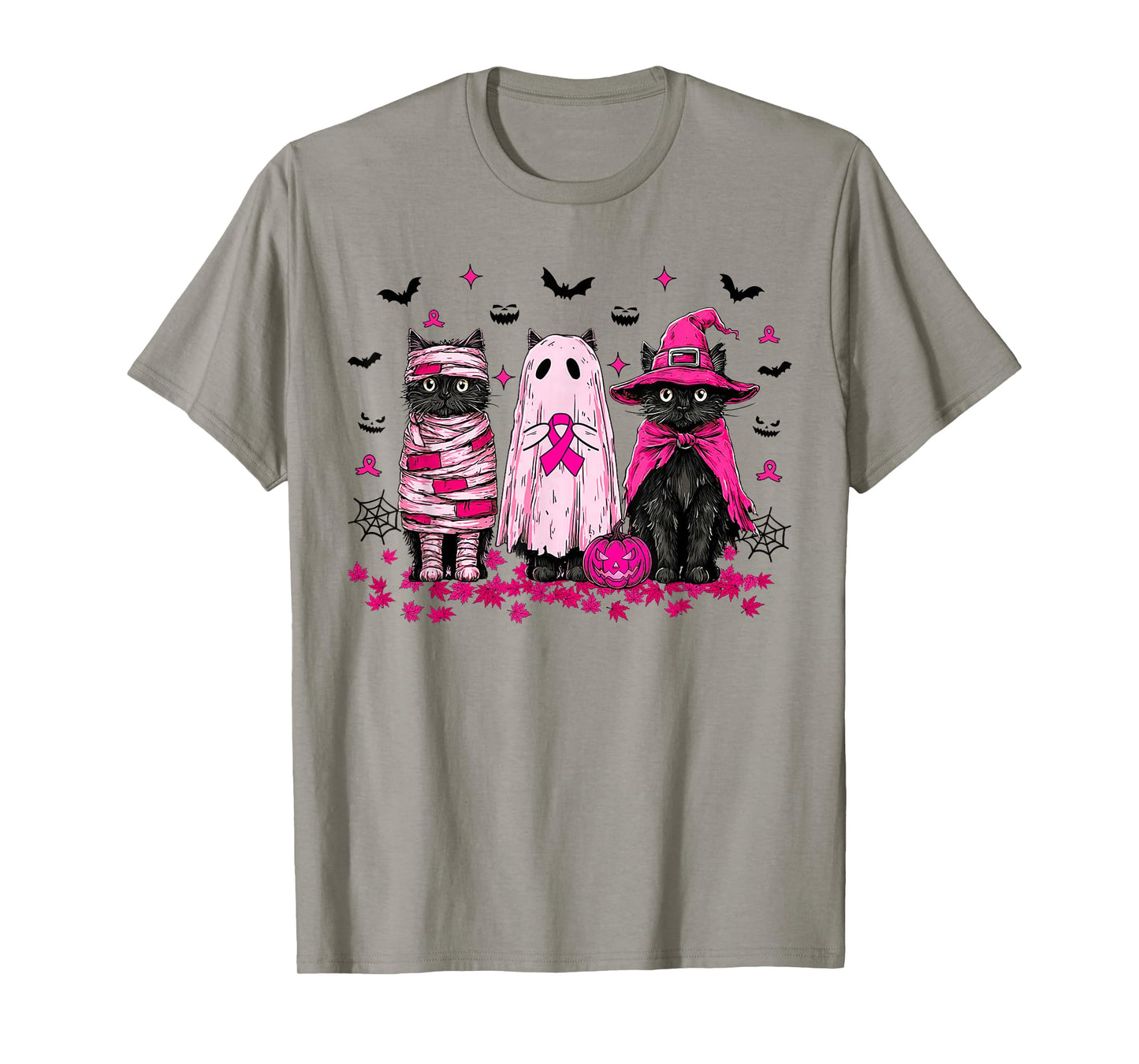Ghost and Witch Black Cat Retro Halloween Breast Cancer T-Shirt