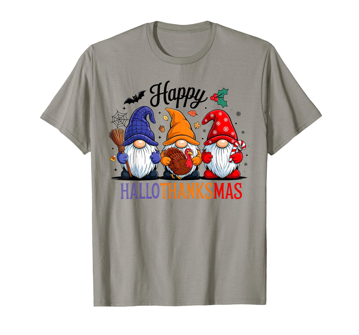 Happy HalloThanksMas Gnomes Halloween Thanksgiving Christmas T-Shirt