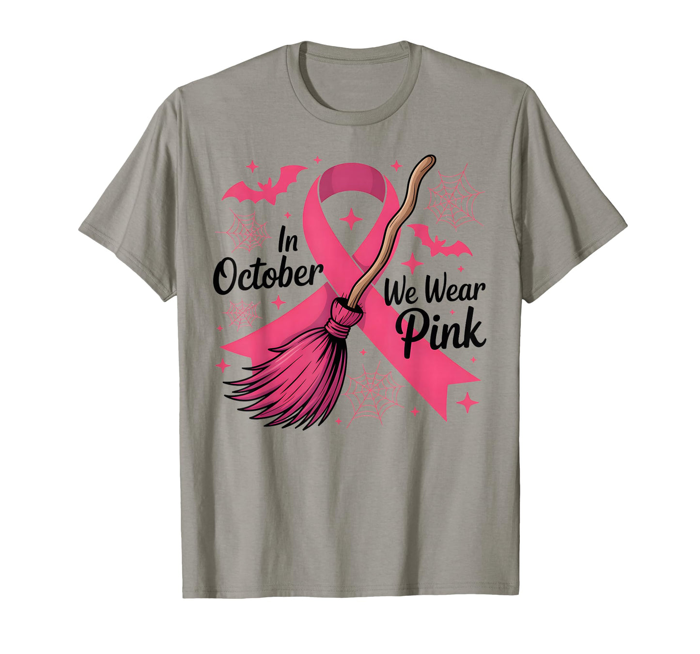 in October We Wear Pink Witch Broom Breast Cancer Halloween T-Shirt