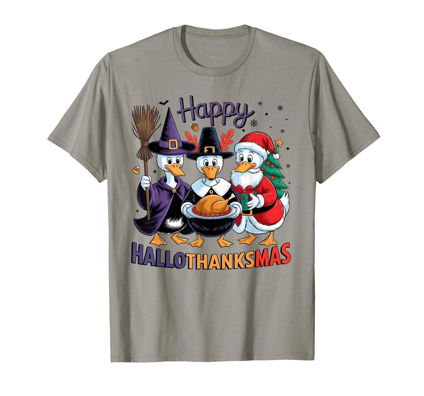 Happy HalloThanksMas Duck Halloween Thanksgiving Christmas T-Shirt
