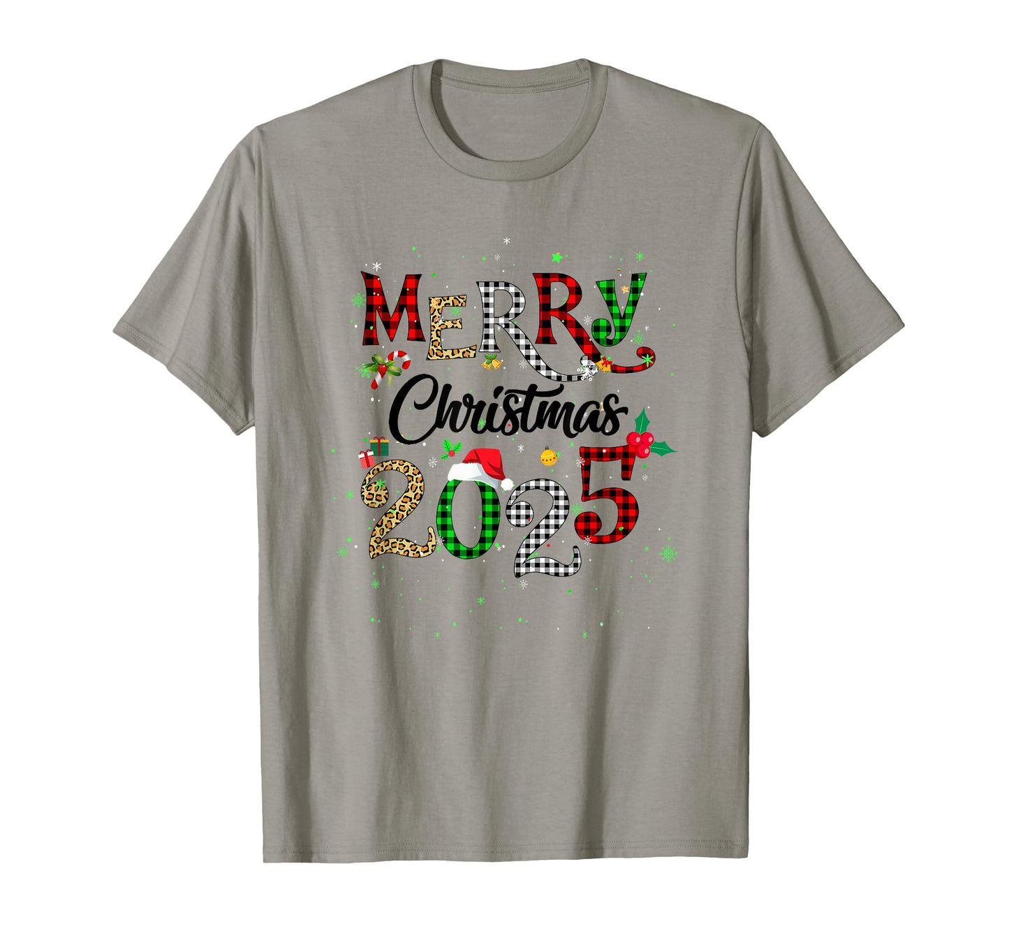 Merry Christmas 2025 Leopard Buffalo Plaid Red Green Xmas T-Shirt