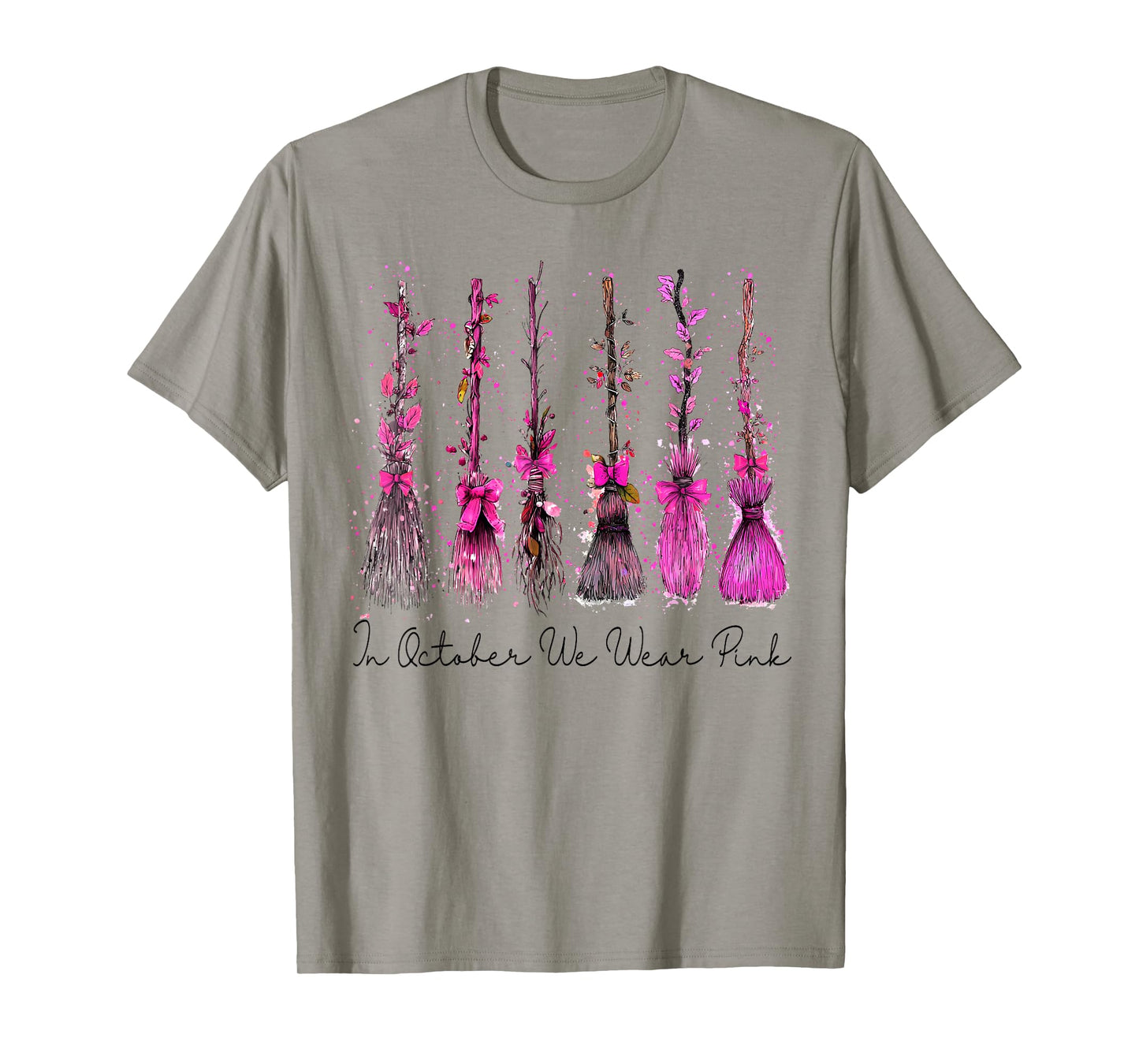 in October We Wear Pink Witch Broom Halloween Breast Cancer T-Shirt