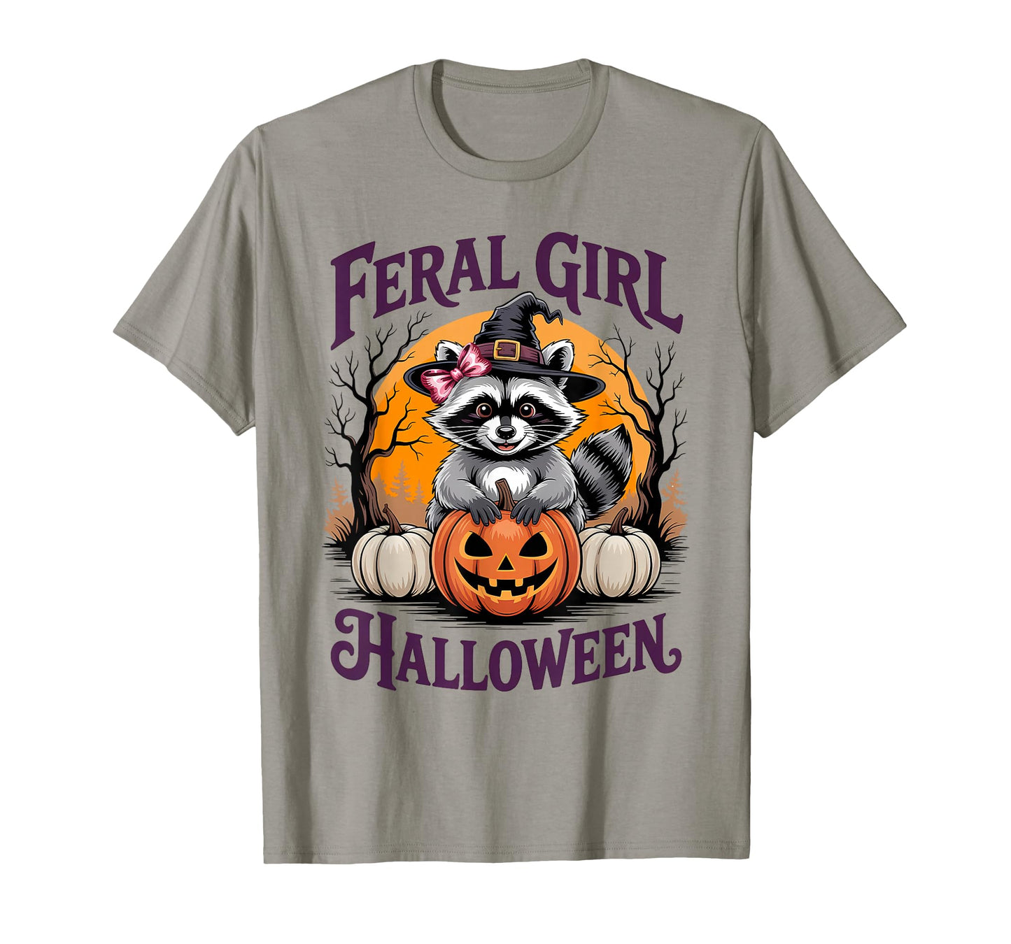 Feral Girl Halloween Funny Raccoon Pumpkin Witch Girl Women T-Shirt
