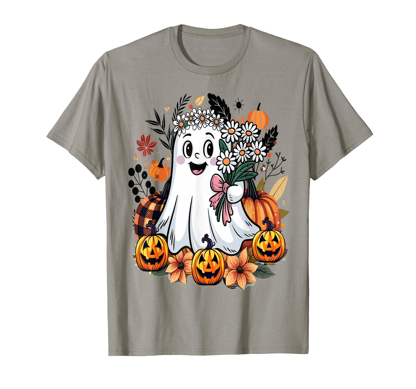 Funny Floral Ghost with Vintage Pumpkin Fall Halloween T-Shirt