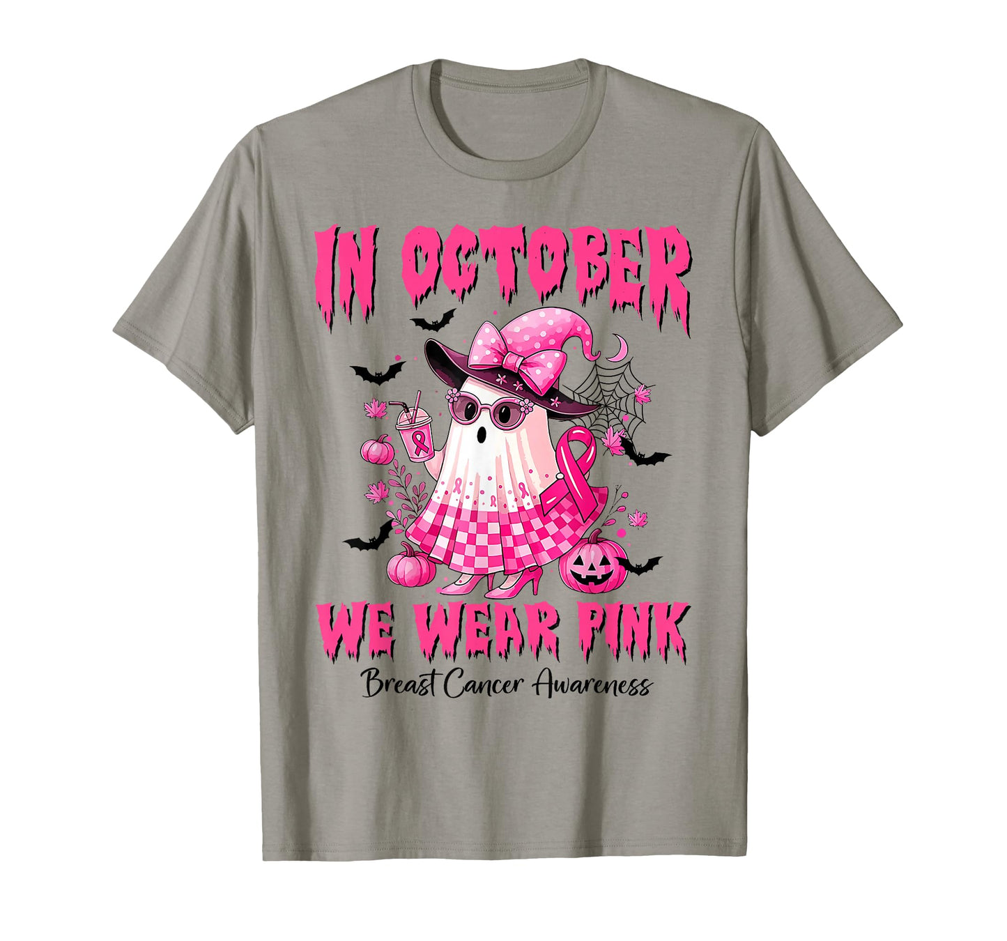 in October We Wear Pink Ghost Witch Breast Cancer Awareness T-Shirt