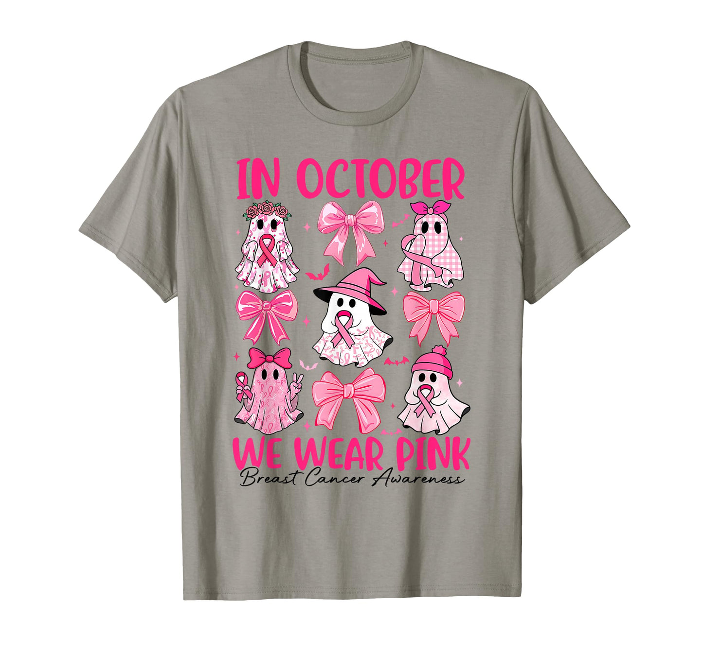 in October We Wear Pink Ghost Witch Breast Cancer Awareness T-Shirt