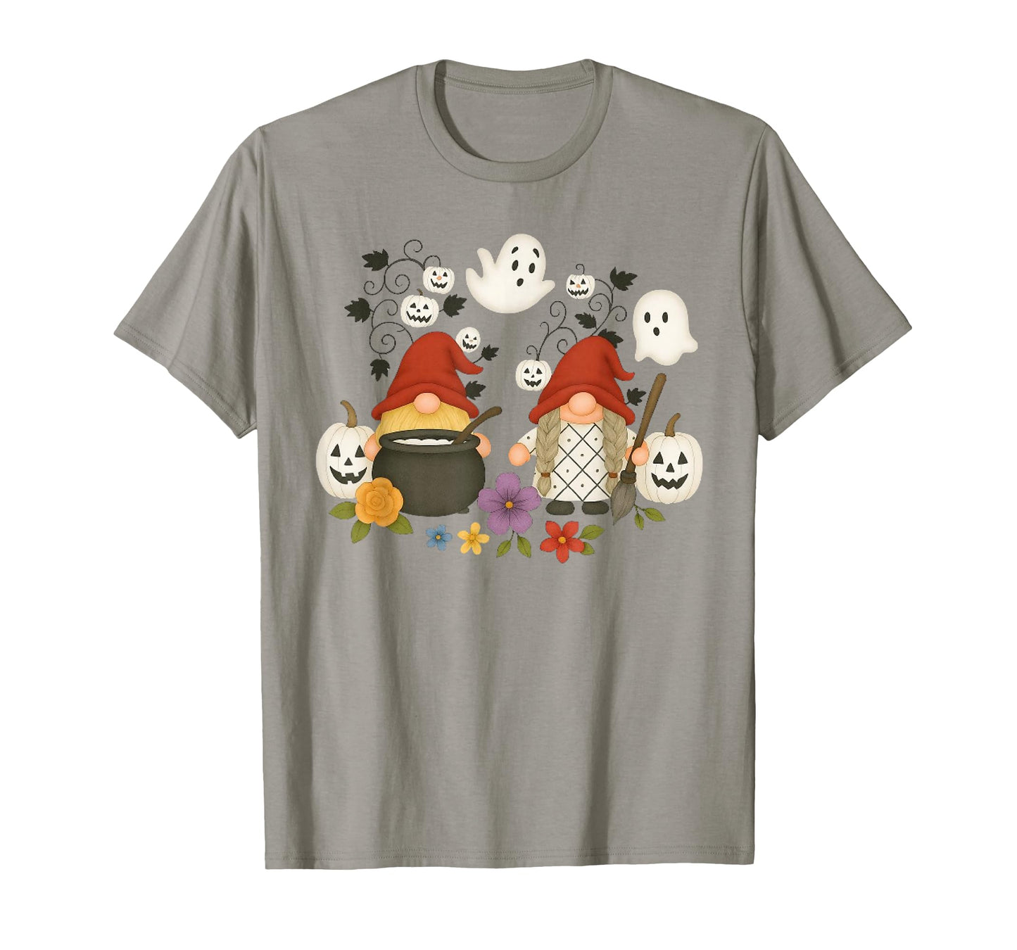 Funny Gnome Halloween with Pumpkin Ghost Leopard Design T-Shirt