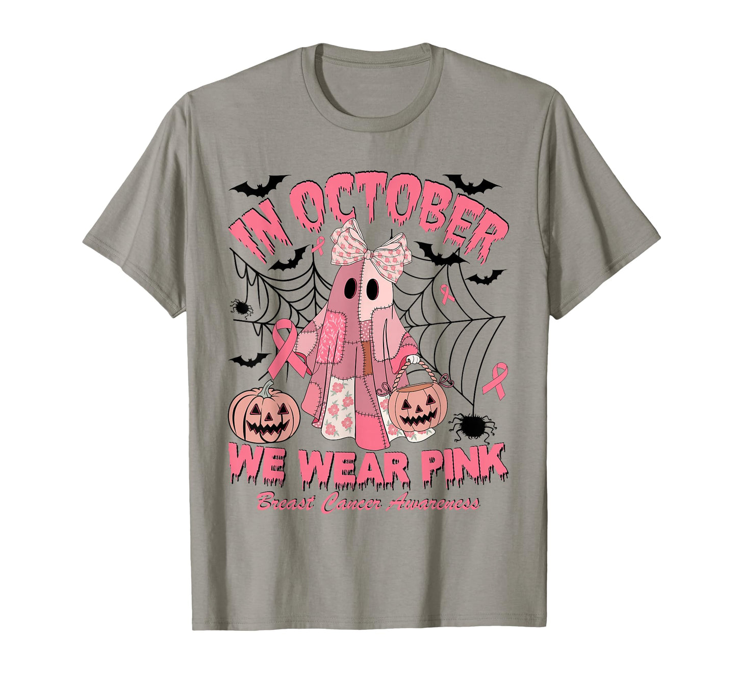 in October We Wear Pink Ghost Witch Breast Cancer Awareness T-Shirt